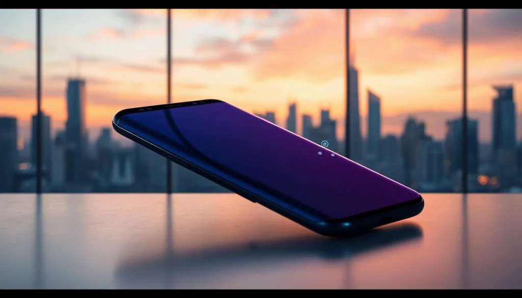 The Samsung Galaxy S8 smartphone, highlighted with a futuristic city skyline backdrop, showcasing its sleek design and innovative features.