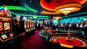 Nohu90 casino scene with slot machines, poker chips, and roulette tables in a luxurious setting.