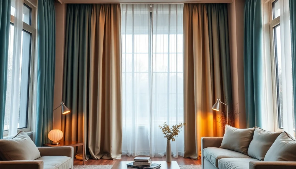 Verduisterende gordijnen in een sfeervolle woonkamer creëren een warme en uitnodigende ambiance.