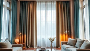 Verduisterende gordijnen in een sfeervolle woonkamer creëren een warme en uitnodigende ambiance.