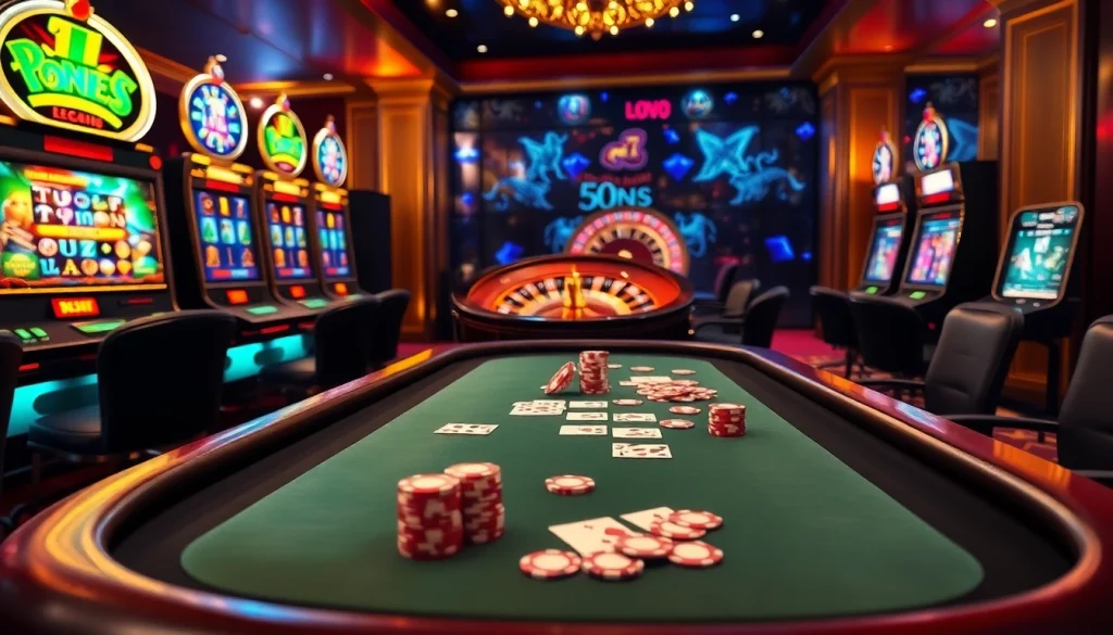 Engaging casino scene showcasing poker, slot machines, and 'depo 5k' gaming action.