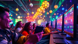 Adegan permainan online Togelsumo yang penuh warna, menggambarkan kegembiraan undian dengan grafis dinamis dan pemain yang antusias.