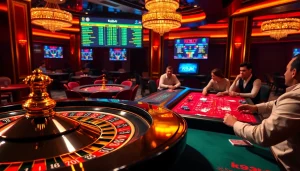 Exciting moment in a casino showcasing the k9k9 game with players at roulette and poker tables.