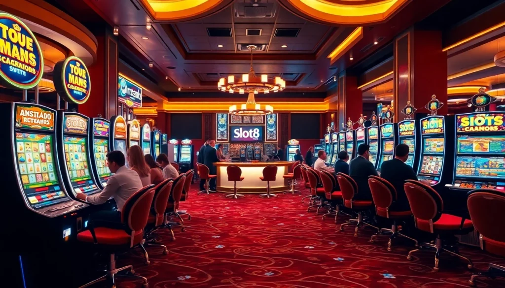 Players enjoying the thrilling experience of slot88 machines in a vibrant casino setting.