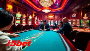i5bet players enjoy a thrilling poker game with vibrant casino elements around them.