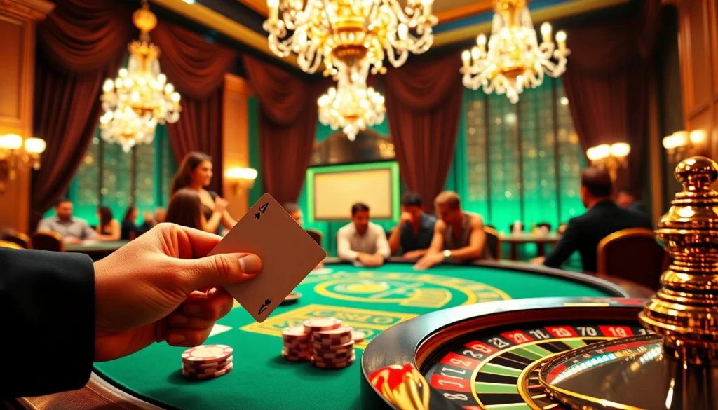 Exciting poker action at the GK88 casino table with vibrant chips and a roulette wheel.