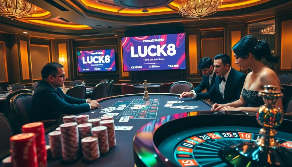 Tham gia trải nghiệm chơi game đầy hồi hộp tại casino LUCK8 với các bàn cược sặc sỡ và các chip bài được thắp sáng trong bầu không khí đầy phấn khích.