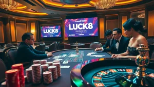 Tham gia trải nghiệm chơi game đầy hồi hộp tại casino LUCK8 với các bàn cược sặc sỡ và các chip bài được thắp sáng trong bầu không khí đầy phấn khích.