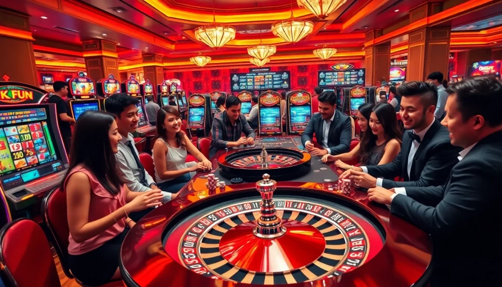 Players enjoying thrilling games at OKFUN casino, featuring vibrant slot machines and poker tables.
