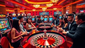 Players enjoying thrilling games at OKFUN casino, featuring vibrant slot machines and poker tables.