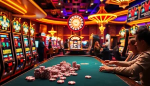 Pemain yang bersemangat berinteraksi di kasino dengan mesin slot depo 5k dan suasana permainan yang hidup.