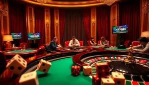 Gambling scene with tt88 poker chips, casino tables, and a roulette wheel, exuding excitement and strategy.