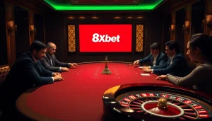 Players strategizing at a poker table in a luxury casino environment, showcasing 8xbet gaming excitement.