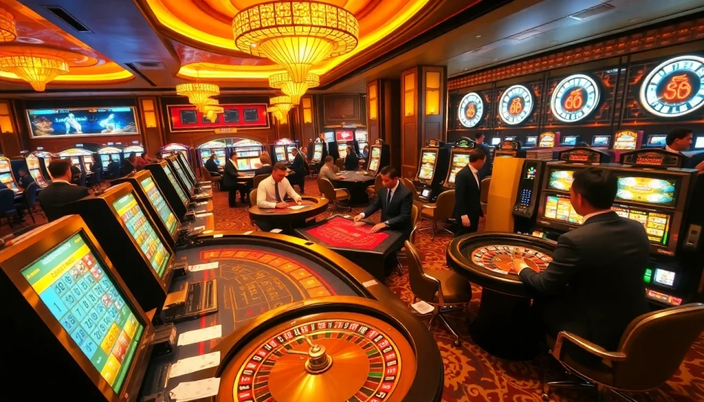 SODO Casino scene with players at poker tables and slot machines, exuding excitement.