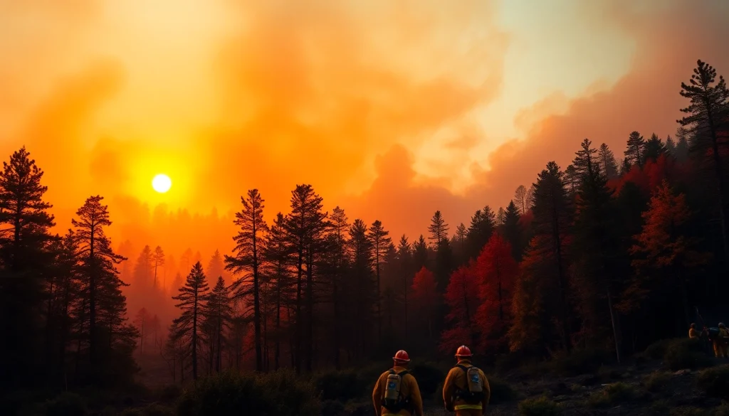 Firefighters engage in wildfire events, battling flames amidst a dramatic sunset and smoke.