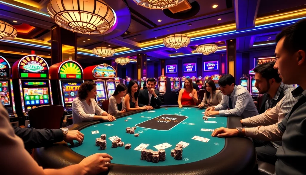 KP88 players engaging in thrilling casino games at a luxurious gambling table.