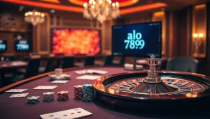 Experience the excitement of gambling at alo 789 with vibrant poker chips and a glowing roulette wheel.
