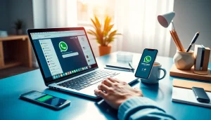 用户在现代工作区使用 WhatsApp Web，突出显示 快连官网 功能。