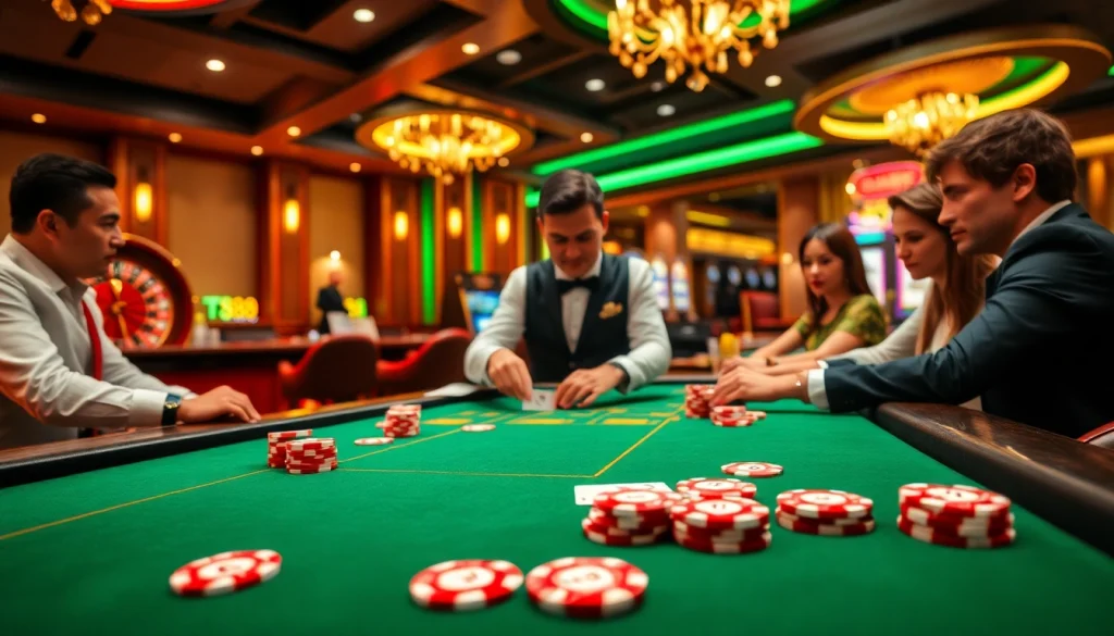 Engage with TT88-themed poker chips on a luxurious casino table amidst a thrilling gambling atmosphere.