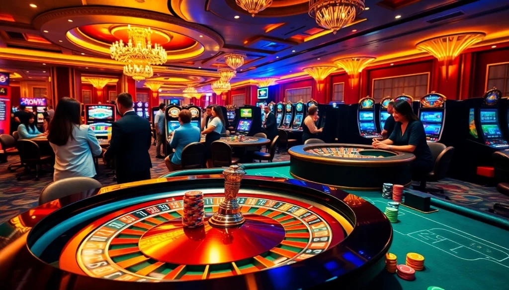 Players strategizing at a poker table and roulette wheel at https://f8bet.ventures/ casino scene.