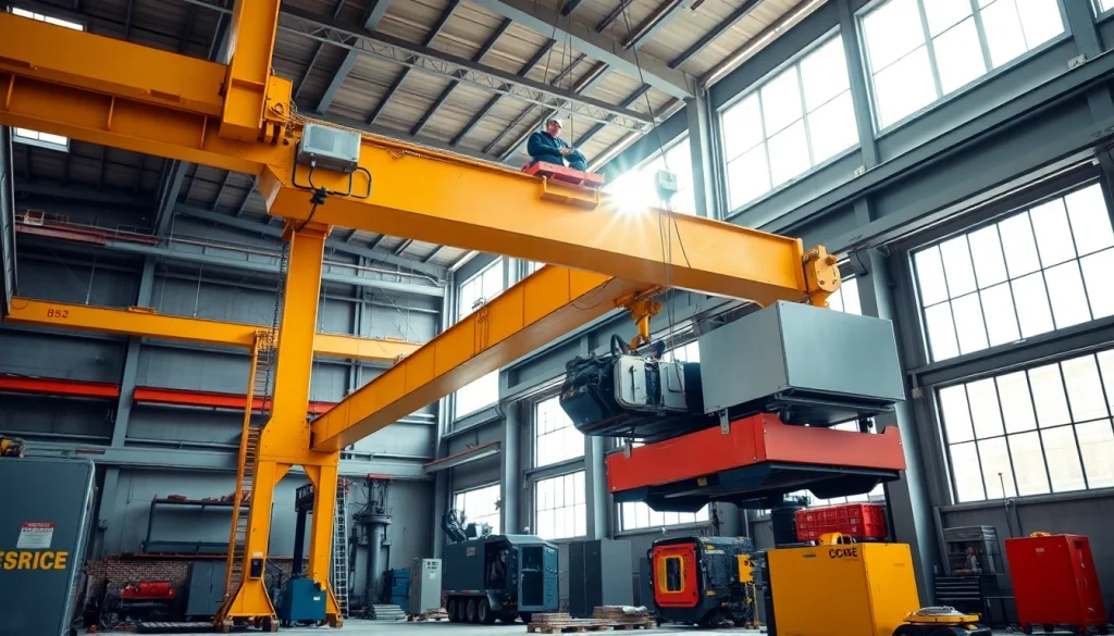 Bridge crane lifting heavy materials in a brightly lit workshop, showcasing modern industrial capabilities.