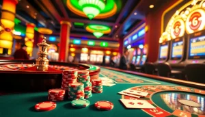 Engage in exciting gameplay at Onicplay casino with poker chips and vibrant roulette.