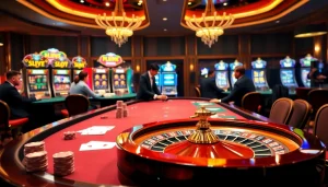 Engage in the excitement of casino gaming at https://32win.capital/ with a dynamic poker table and vibrant slot machines.