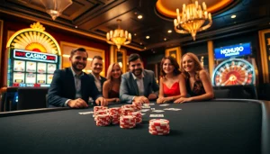 Nohu90 players enjoying a high-stakes casino game with vibrant slot machines and a roulette wheel.