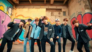 BTS members showcasing their vibrant personalities in a colorful urban setting.