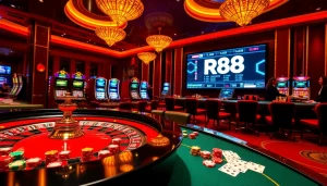 Engage with the thrilling world of gambling at RR88, featuring a luxurious casino table setup and vibrant elements.