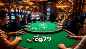 Người chơi tham gia các trận poker đầy hồi hộp tại một casino sang trọng với trang trí chủ đề cg79.