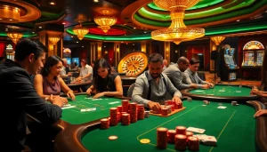Engaged gamblers strategizing at a luxurious uu88 casino table with poker chips and cards.