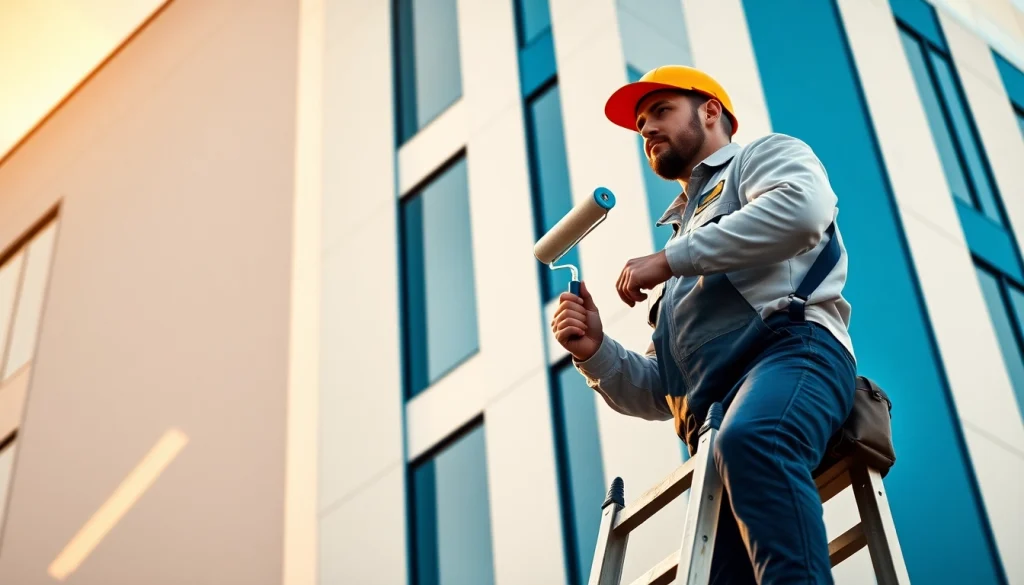 Building Painters painting a modern commercial exterior during golden hour, showcasing a professional atmosphere.