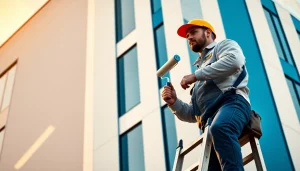 Building Painters painting a modern commercial exterior during golden hour, showcasing a professional atmosphere.