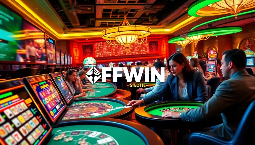 FFWIN online betting platform scene with diverse players at poker and roulette tables.