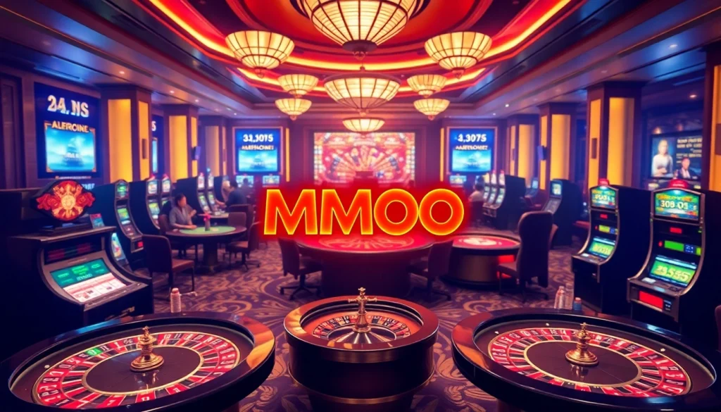 MMOO casino players engaging at vibrant gaming tables with poker chips and roulette wheels.