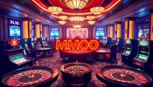 MMOO casino players engaging at vibrant gaming tables with poker chips and roulette wheels.