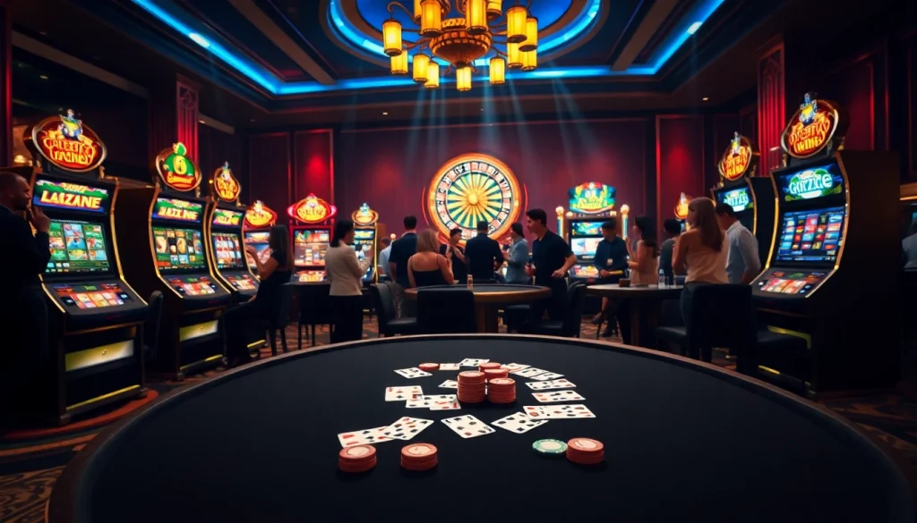 Experience thrilling gameplay at ok88 with vibrant slot machines and a lively poker table.