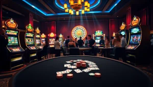 Experience thrilling gameplay at ok88 with vibrant slot machines and a lively poker table.