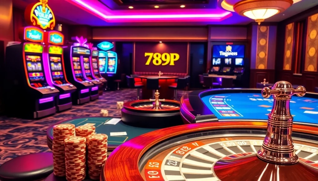 Engaging casino scene with vibrant 789P-themed slot machines and poker tables.