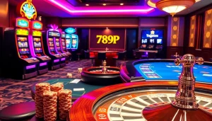 Engaging casino scene with vibrant 789P-themed slot machines and poker tables.