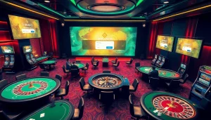 Exciting gaming atmosphere with 바이낸스 회원가입 featured on digital screens amidst casino tables.