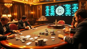 A thrilling poker game scene at a luxurious casino with digital elements reflecting the hidden wiki official.