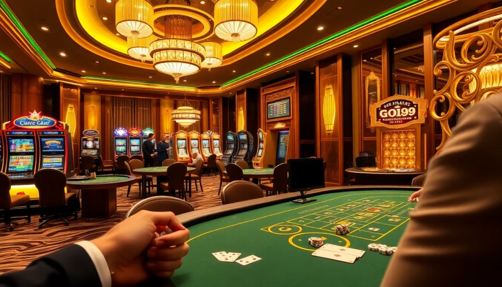 Engaging casino atmosphere at nhà cái GO99 with players at tables, showcasing excitement and luxury.