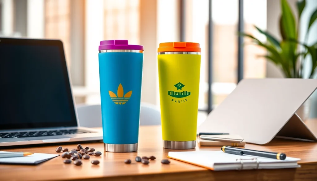 Termo puodeliai su logotipu rodomi moderniame biure, demonstruodami įmonės prekės ženklo identitetą.