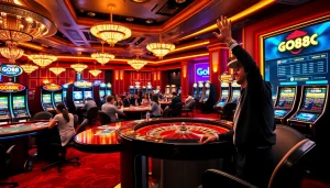 Players enjoying the excitement of GO88, surrounded by vibrant casino elements.