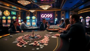 Players enjoying casino games at GO99, featuring roulette and vibrant slot machines.