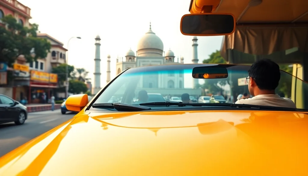 Agra Taxi service featuring a clean taxi near the Taj Mahal, showcasing reliability and trust.