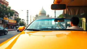 Agra Taxi service featuring a clean taxi near the Taj Mahal, showcasing reliability and trust.