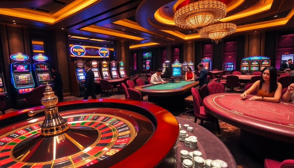Experience the excitement of FLY88 with vibrant casino tables and roulette wheels.